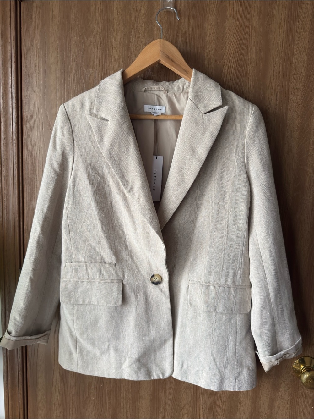 Topshop Linen Blend Beige Single Button Blazer Jacket Neutral Office Career